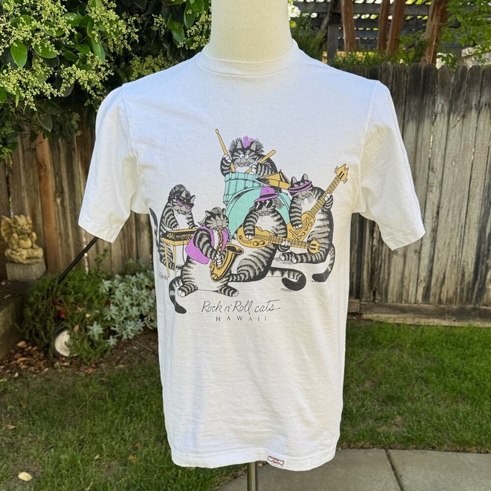 Vtg 80's Crazy Shirts Hawaii B Kliban Rock & Roll Cats Double Side T-shirt Med